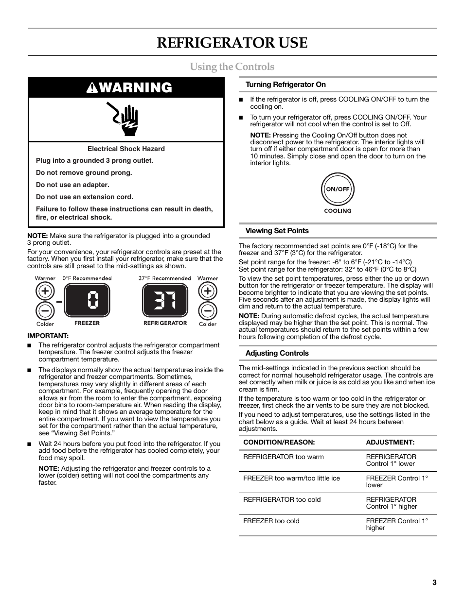 Refrigerator use, Warning, Using the controls | KITCHENAID COUNTER DEPTH SIDE BY SIDE REFRIGERATOR User Manual | Page 3 / 36