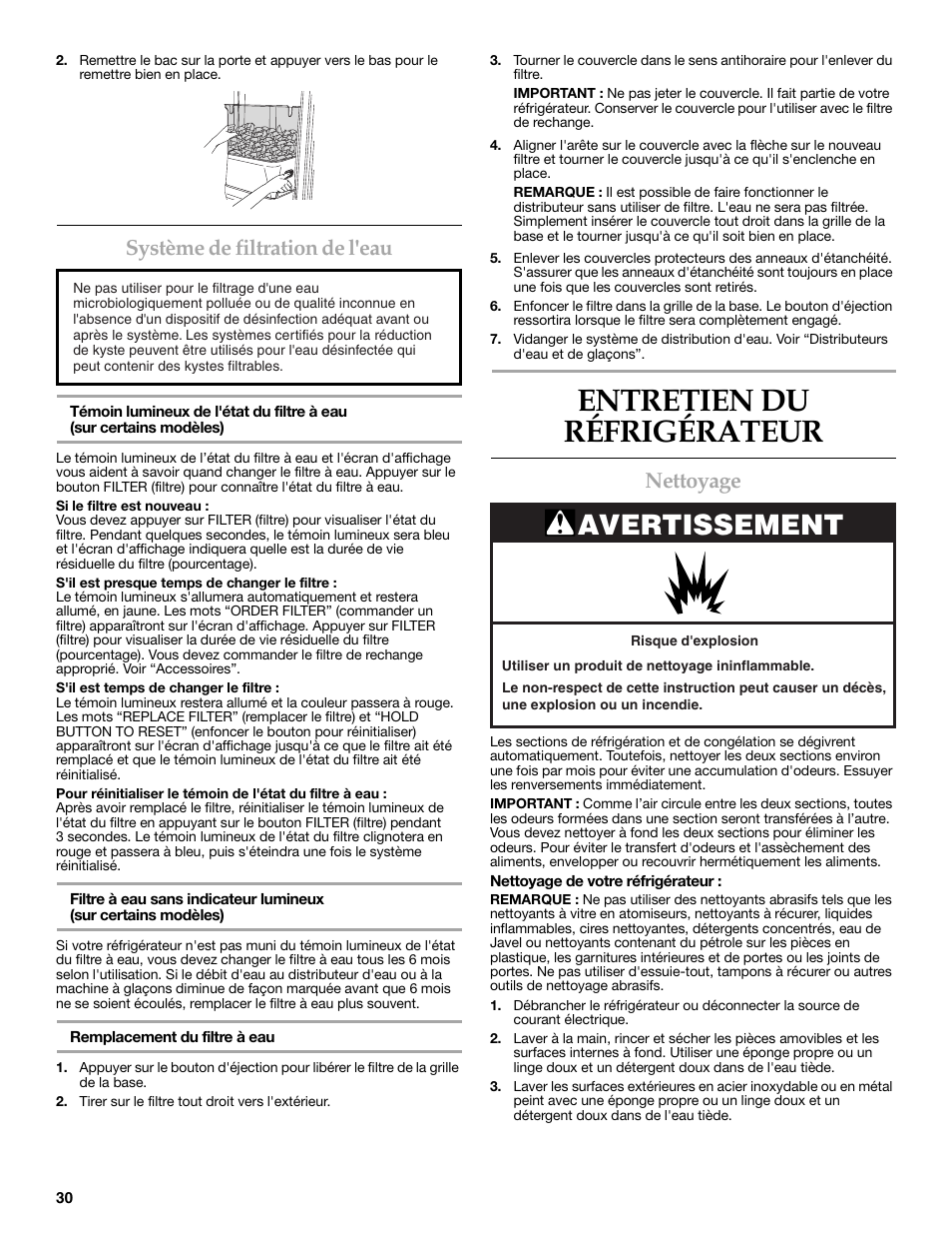 Entretien du réfrigérateur, Avertissement, Système de filtration de l'eau | Nettoyage | KITCHENAID COUNTER DEPTH SIDE BY SIDE REFRIGERATOR User Manual | Page 30 / 36