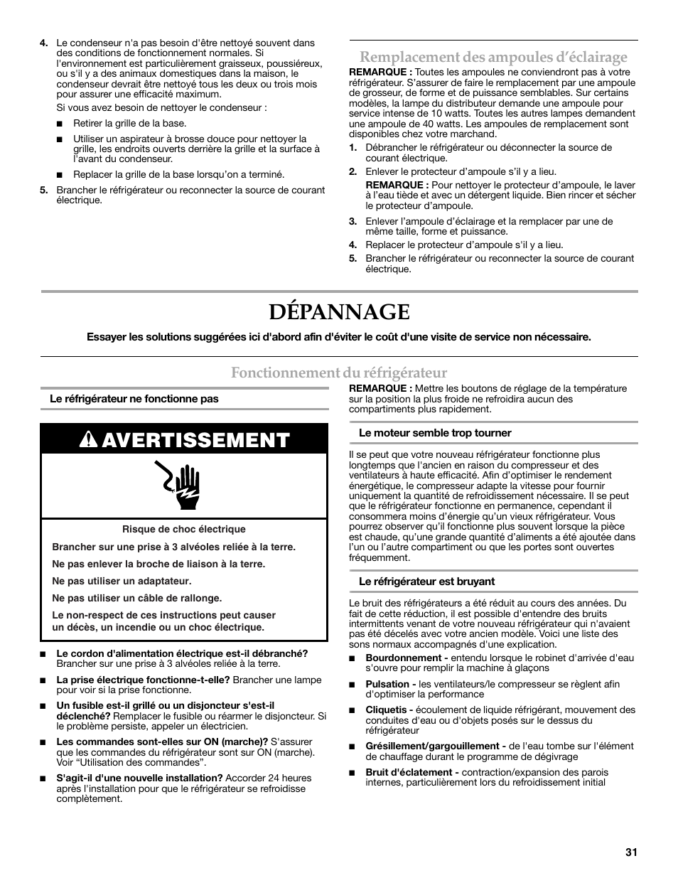 Dépannage, Avertissement, Remplacement des ampoules d’éclairage | Fonctionnement du réfrigérateur | KITCHENAID COUNTER DEPTH SIDE BY SIDE REFRIGERATOR User Manual | Page 31 / 36