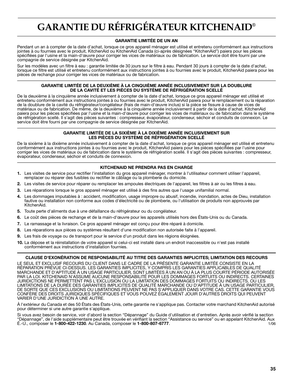 Garantie du réfrigérateur kitchenaid | KITCHENAID COUNTER DEPTH SIDE BY SIDE REFRIGERATOR User Manual | Page 35 / 36