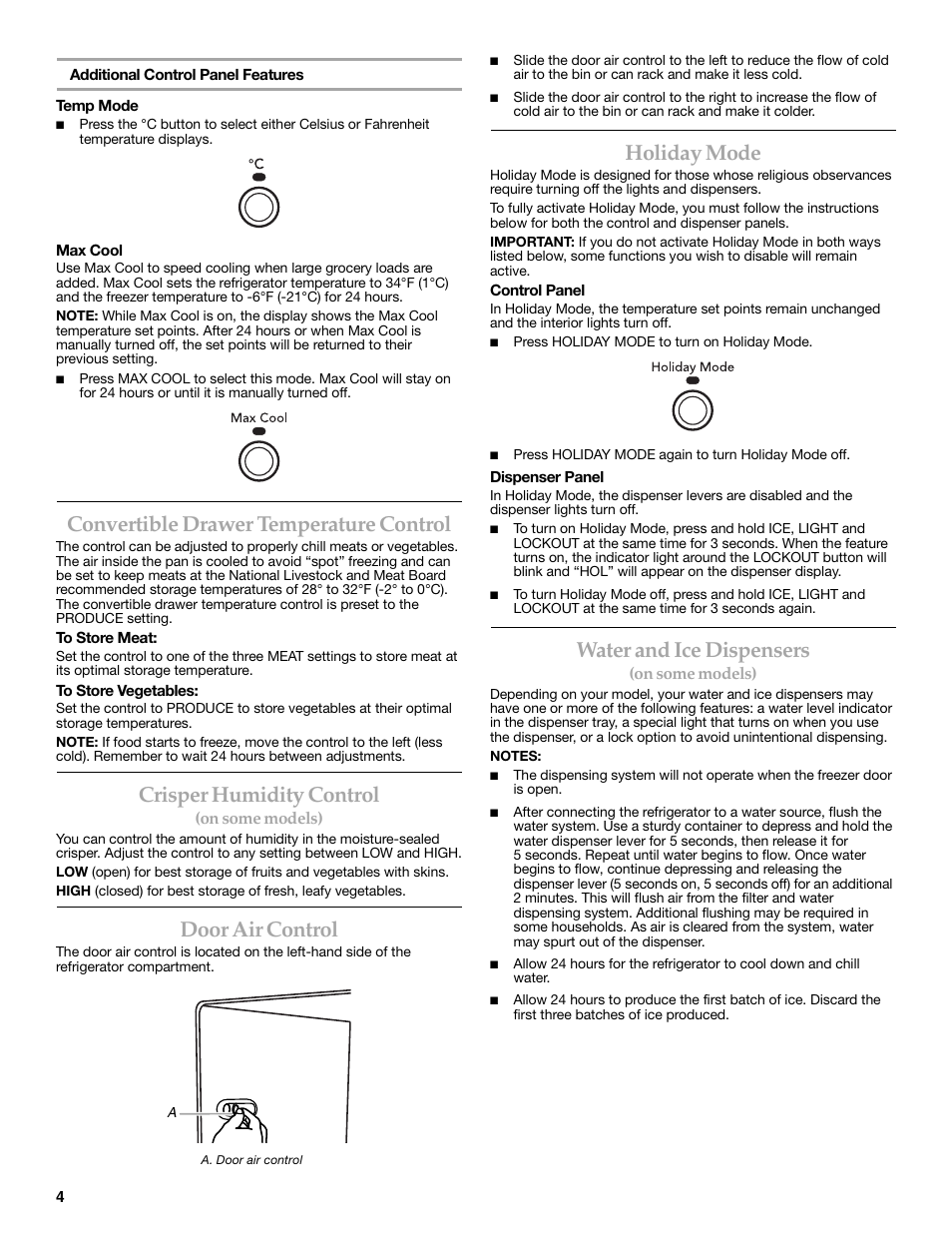 Convertible drawer temperature control, Crisper humidity control, Door air control | Holiday mode, Water and ice dispensers | KITCHENAID COUNTER DEPTH SIDE BY SIDE REFRIGERATOR User Manual | Page 4 / 36