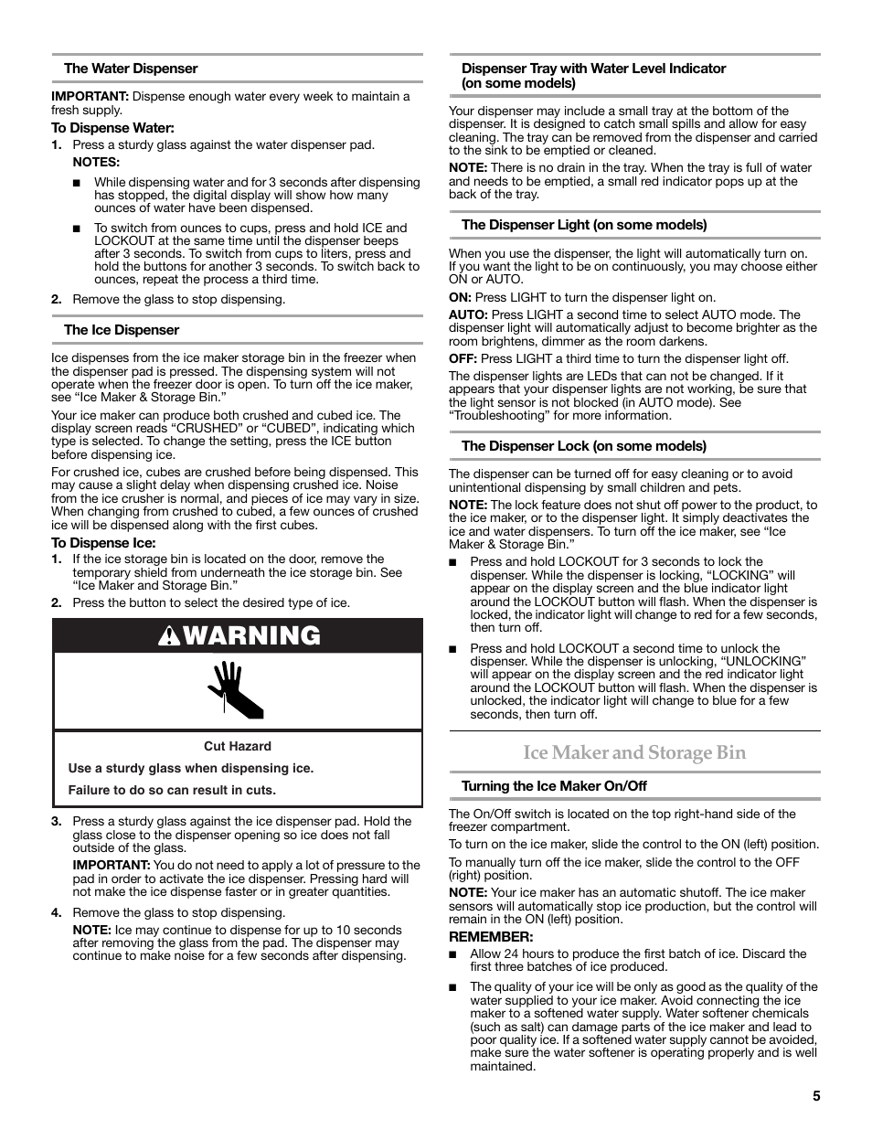 Warning, Ice maker and storage bin | KITCHENAID COUNTER DEPTH SIDE BY SIDE REFRIGERATOR User Manual | Page 5 / 36