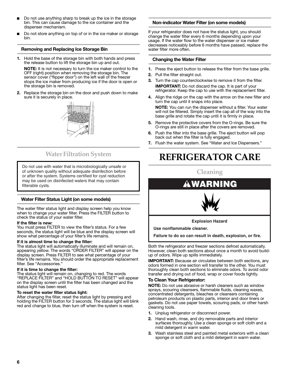 Refrigerator care, Warning, Water filtration system | Cleaning | KITCHENAID COUNTER DEPTH SIDE BY SIDE REFRIGERATOR User Manual | Page 6 / 36