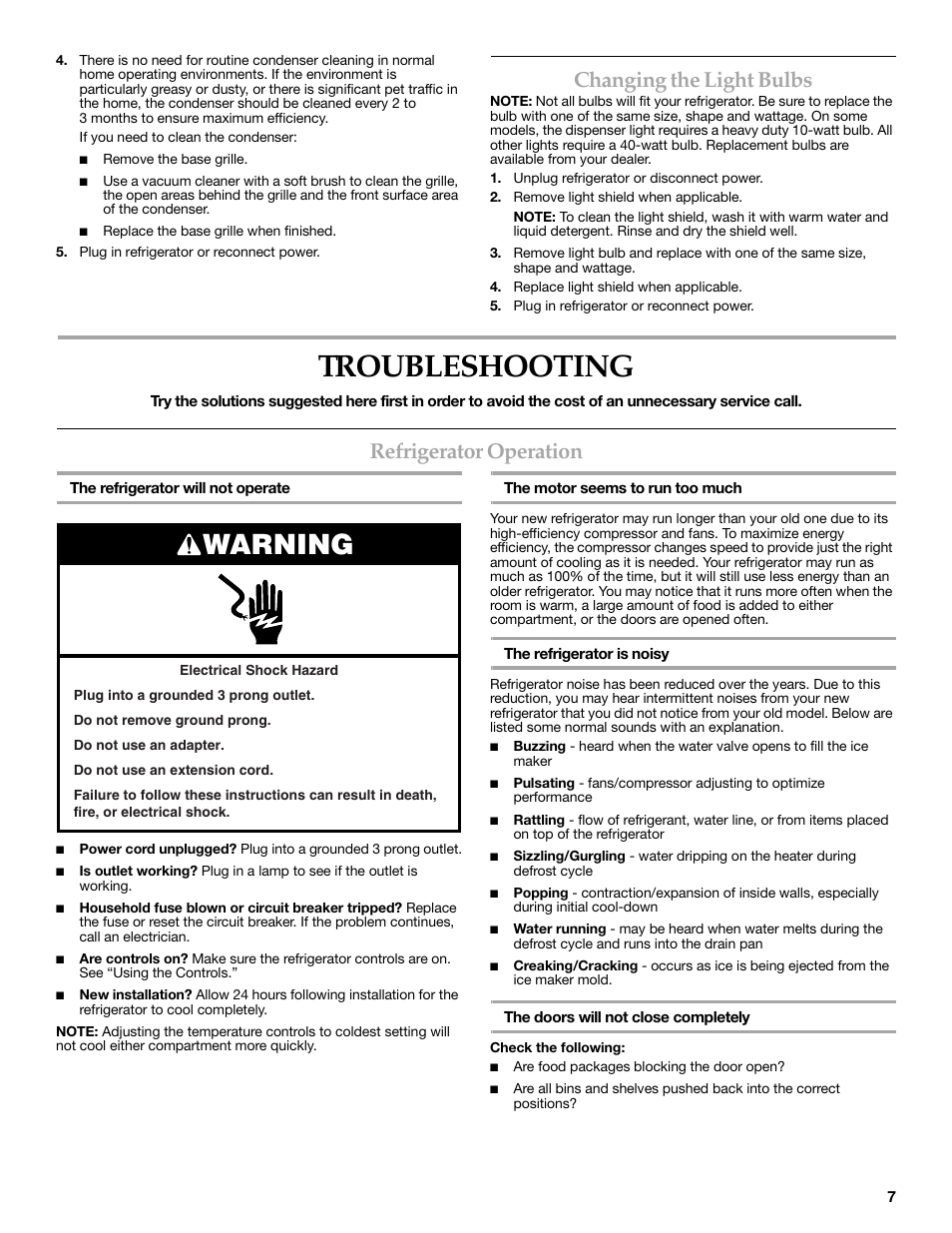 Troubleshooting, Warning, Changing the light bulbs | Refrigerator operation | KITCHENAID COUNTER DEPTH SIDE BY SIDE REFRIGERATOR User Manual | Page 7 / 36