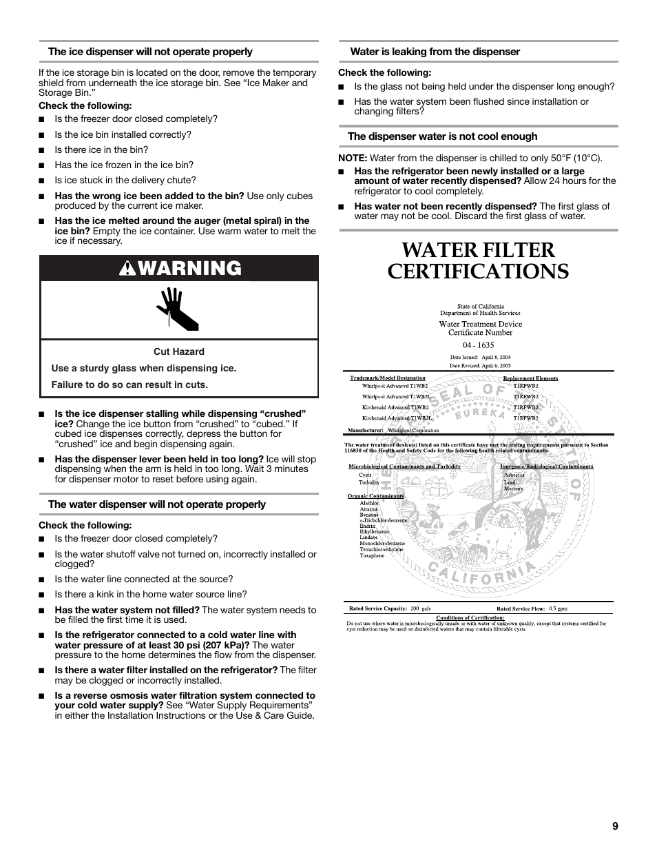 Water filter certifications, Warning | KITCHENAID COUNTER DEPTH SIDE BY SIDE REFRIGERATOR User Manual | Page 9 / 36