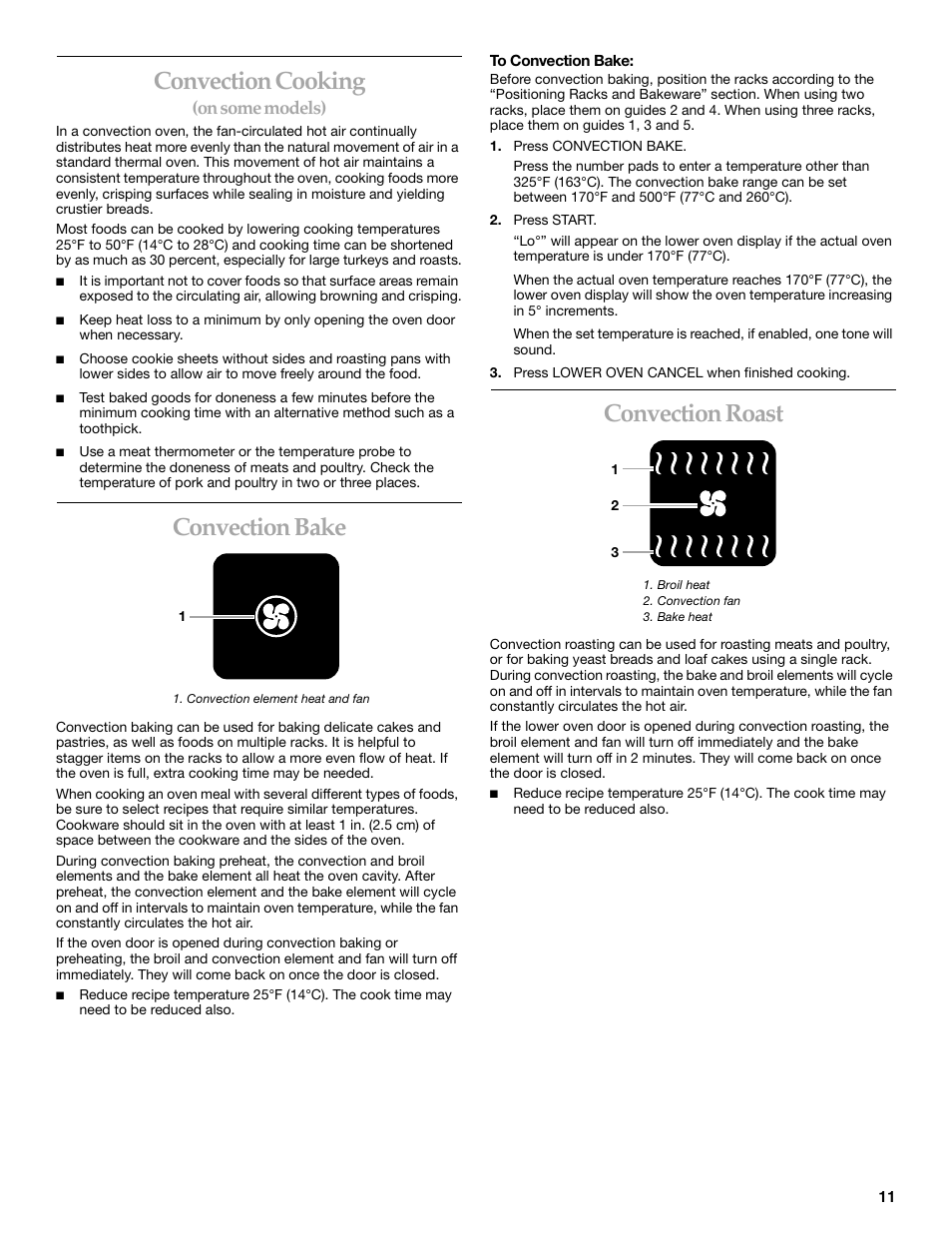 Convection cooking, Convection bake, Convection roast | On some models) | KITCHENAID KEMC307 User Manual | Page 11 / 24