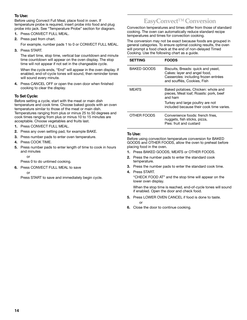 Easyconvect™ conversion | KITCHENAID KEMC307 User Manual | Page 14 / 24