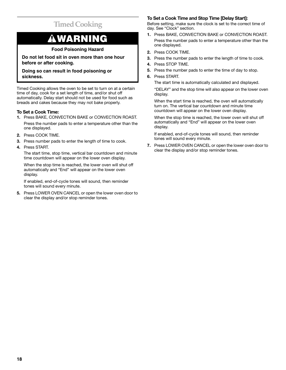 Warning, Timed cooking | KITCHENAID KEMC307 User Manual | Page 18 / 24