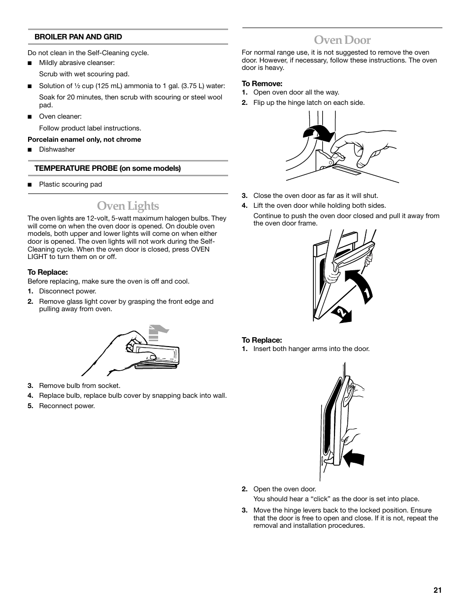 Oven lights, Oven door | KITCHENAID KEMC307 User Manual | Page 21 / 24