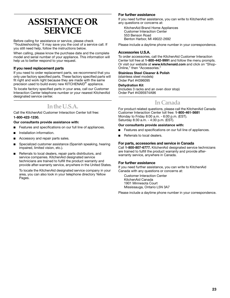 Assistance or service | KITCHENAID KEMC307 User Manual | Page 23 / 24