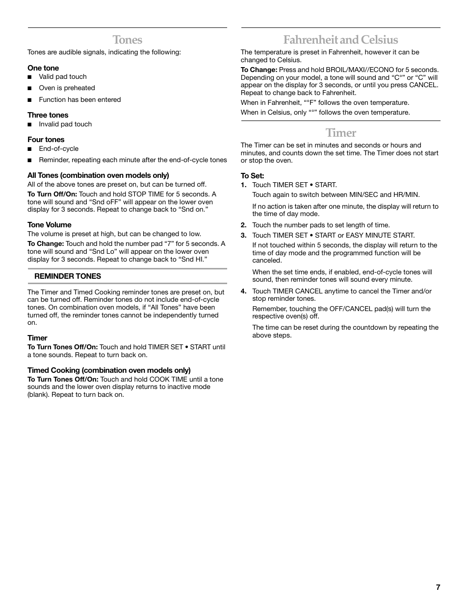 Tones, Fahrenheit and celsius, Timer | KITCHENAID KEMC307 User Manual | Page 7 / 24