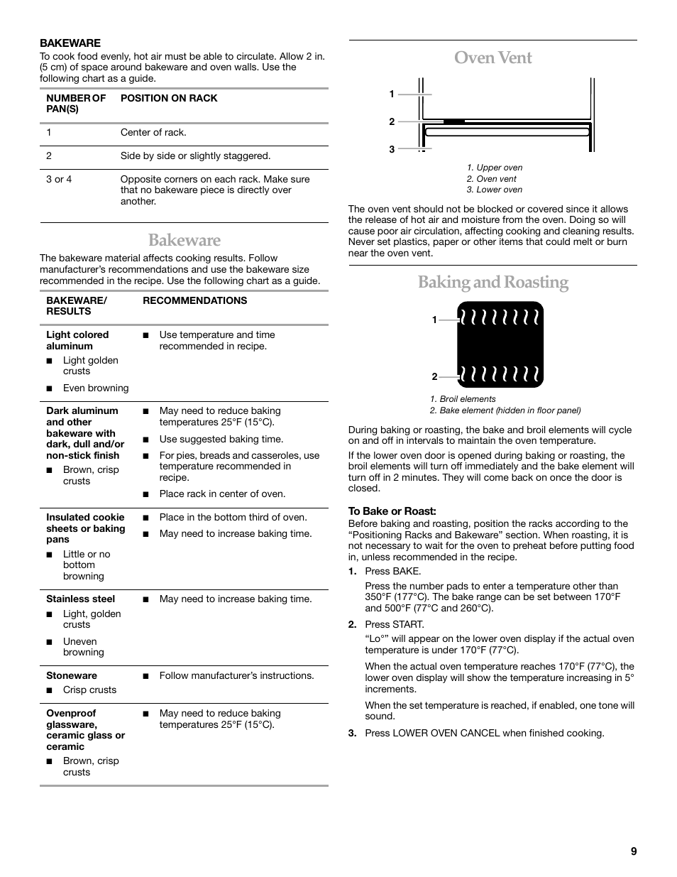 Bakeware, Oven vent, Baking and roasting | KITCHENAID KEMC307 User Manual | Page 9 / 24