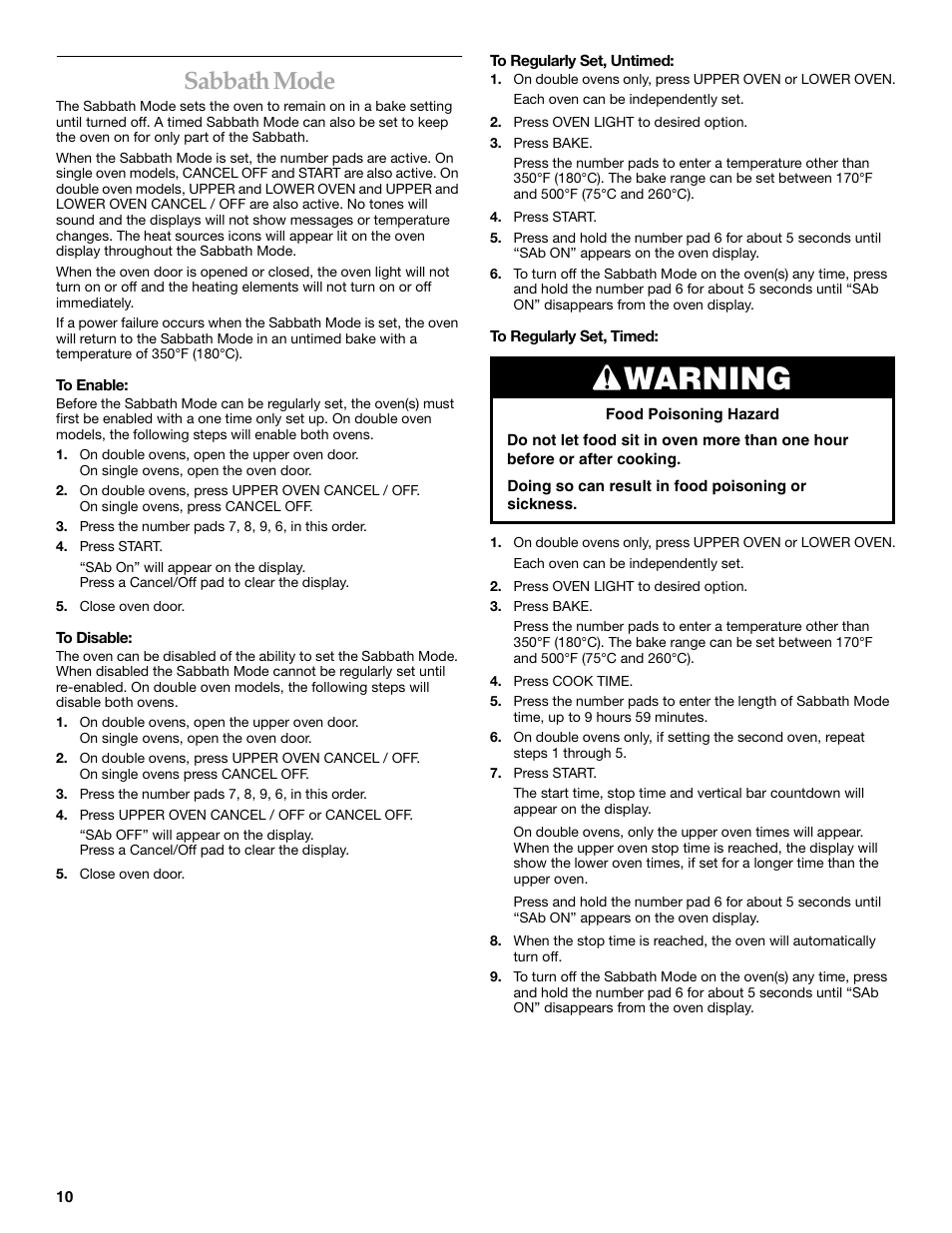 Sabbath mode, Warning | KITCHENAID YKEBC208 User Manual | Page 10 / 24