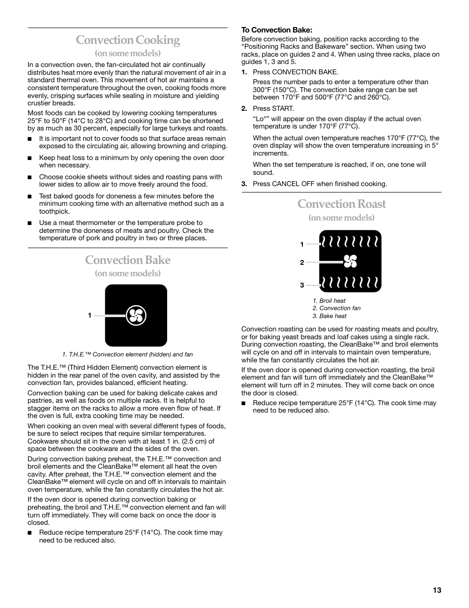 Convectioncooking, Convectionbake, Convectionroast | Convection cooking, Convection bake, Convection roast, On some models) | KITCHENAID YKEBC208 User Manual | Page 13 / 24