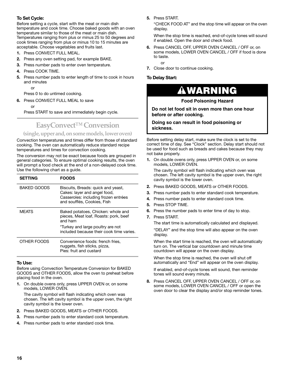 Easyconvect™ conversion, Warning | KITCHENAID YKEBC208 User Manual | Page 16 / 24