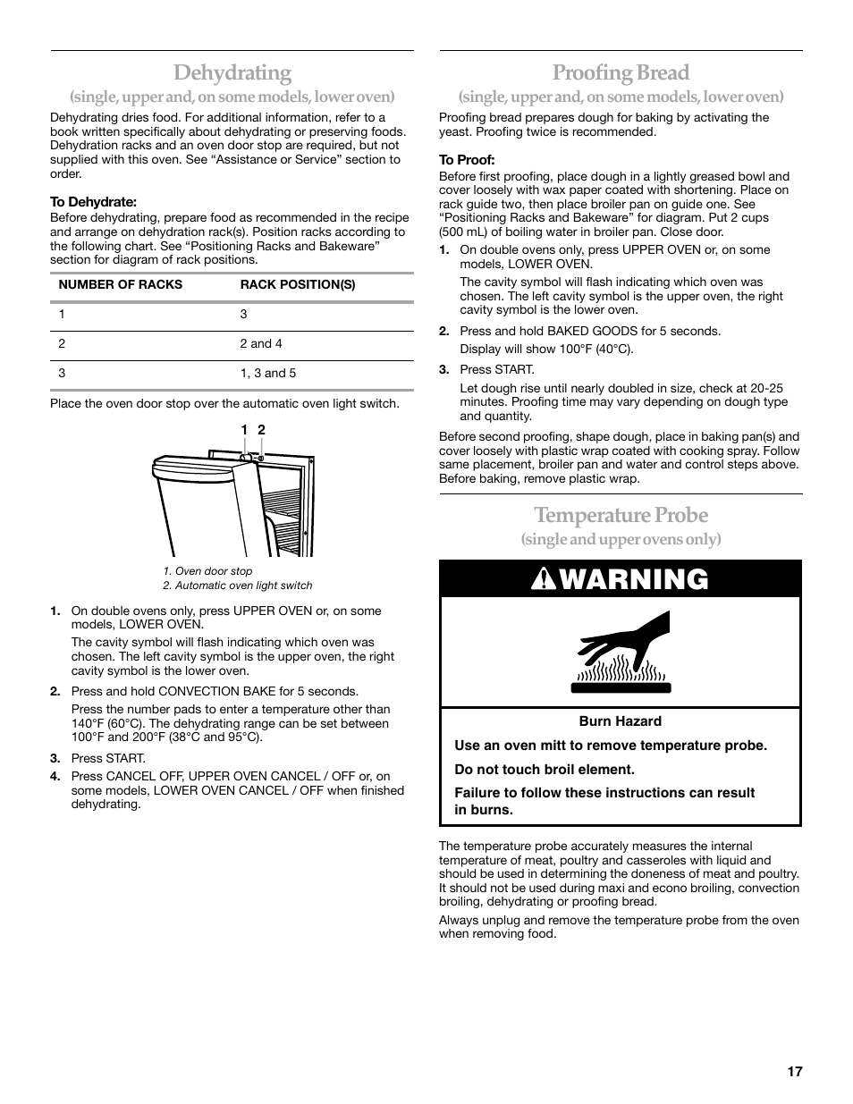 Dehydrating, Proofing bread, Temperature probe | Warning | KITCHENAID YKEBC208 User Manual | Page 17 / 24