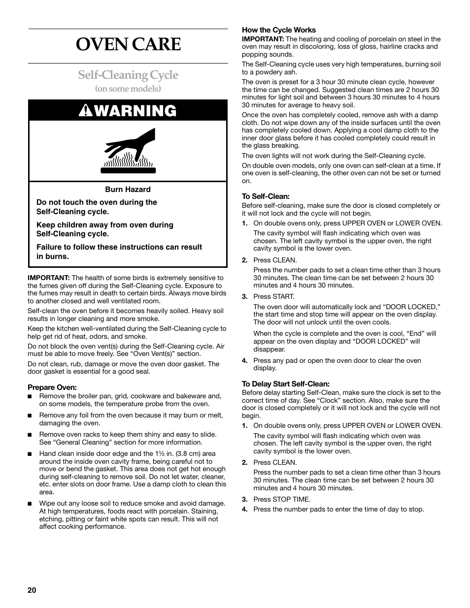 Oven care, Self-cleaning cycle, Warning | KITCHENAID YKEBC208 User Manual | Page 20 / 24