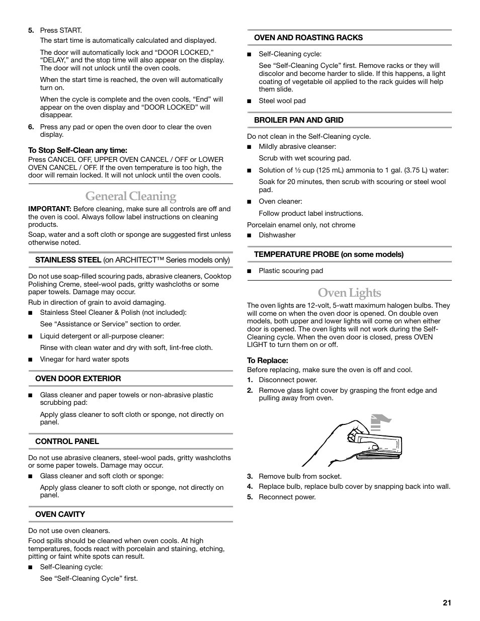 General cleaning, Oven lights | KITCHENAID YKEBC208 User Manual | Page 21 / 24