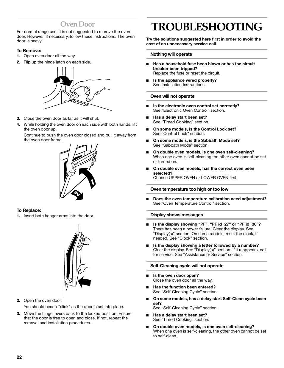 Oven door, Troubleshooting | KITCHENAID YKEBC208 User Manual | Page 22 / 24