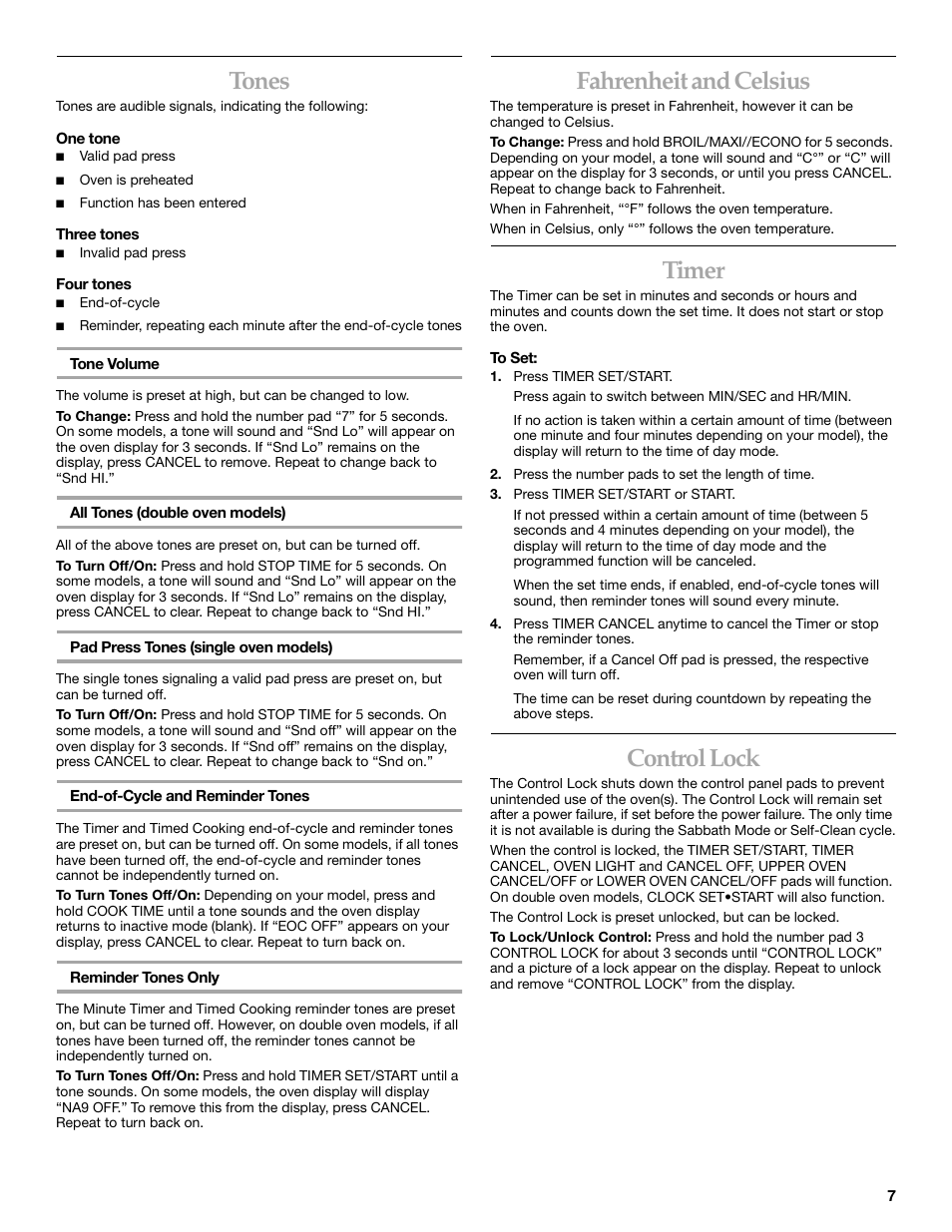 Tone, Fahrenheit and celsius, Timer | Control lock, Tones | KITCHENAID YKEBC208 User Manual | Page 7 / 24