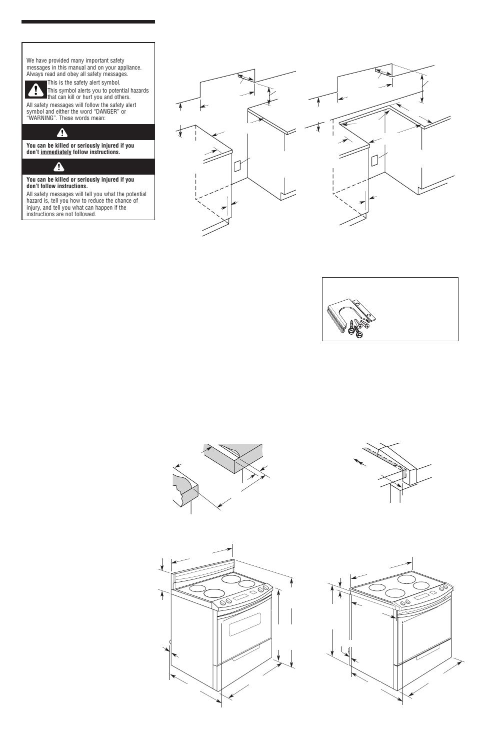 Before you start, Cabinet opening dimensions, Slide-in ranges: countertop preparation | Product dimensions, Anti-tip bracket, Danger warning, Freestanding range slide-in range | KITCHENAID 9752043 User Manual | Page 2 / 5