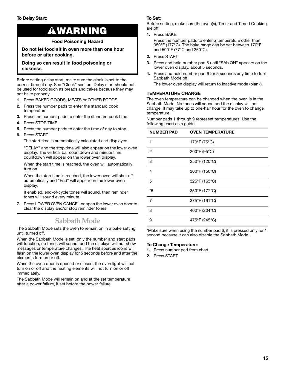 Warning, Sabbath mode | KITCHENAID KEMC377 User Manual | Page 15 / 24