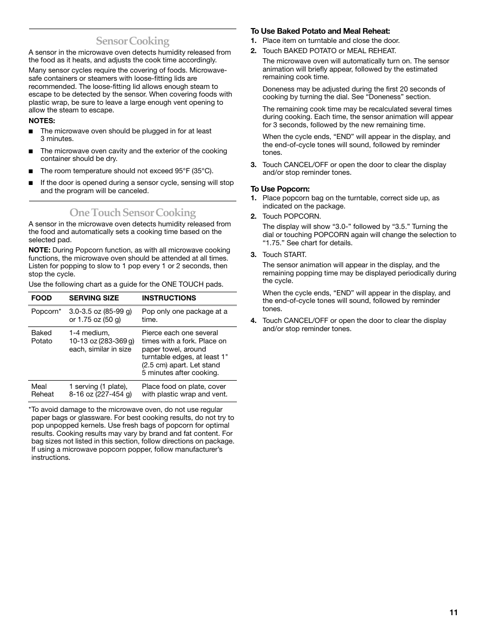 Sensor cooking, One touch sensor cooking | KITCHENAID KBMS1454SBL User Manual | Page 11 / 16