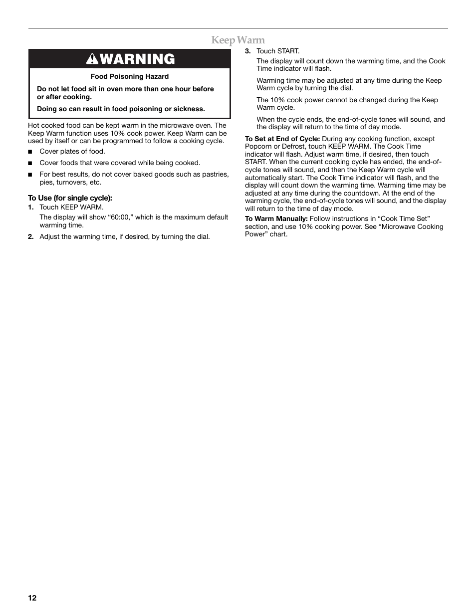 Warning, Keep warm | KITCHENAID KBMS1454SBL User Manual | Page 12 / 16