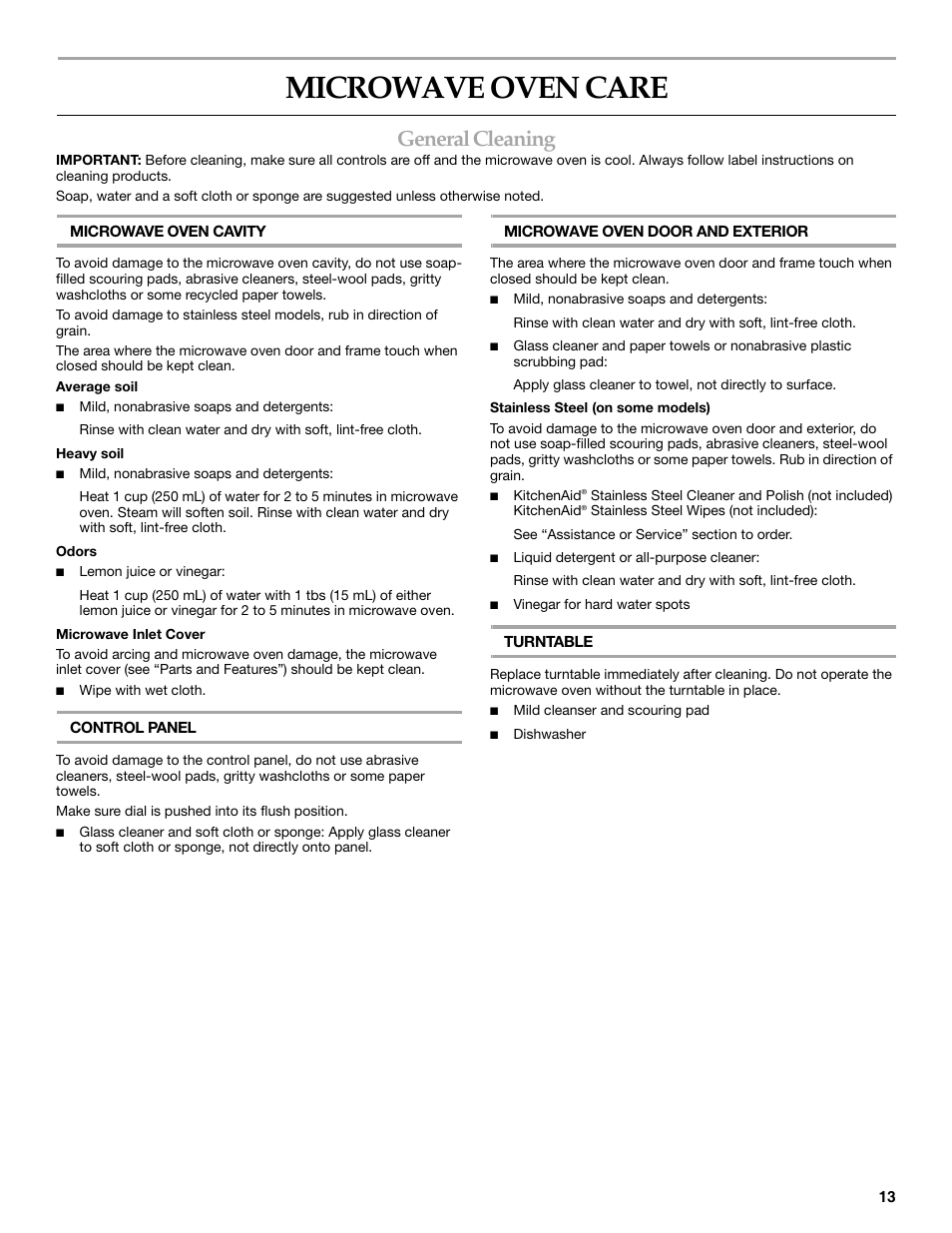Microwave oven care, General cleaning | KITCHENAID KBMS1454SBL User Manual | Page 13 / 16