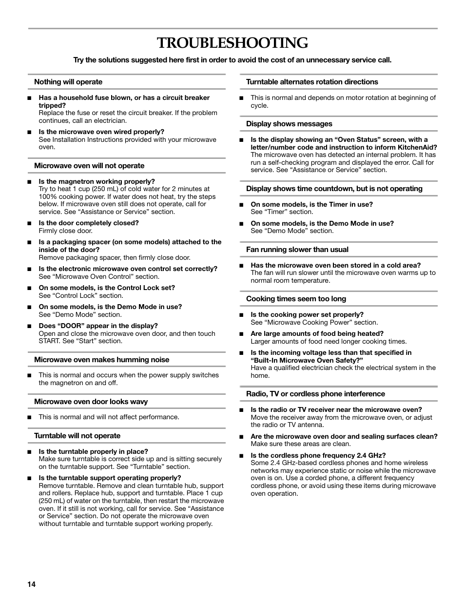 Troubleshooting | KITCHENAID KBMS1454SBL User Manual | Page 14 / 16