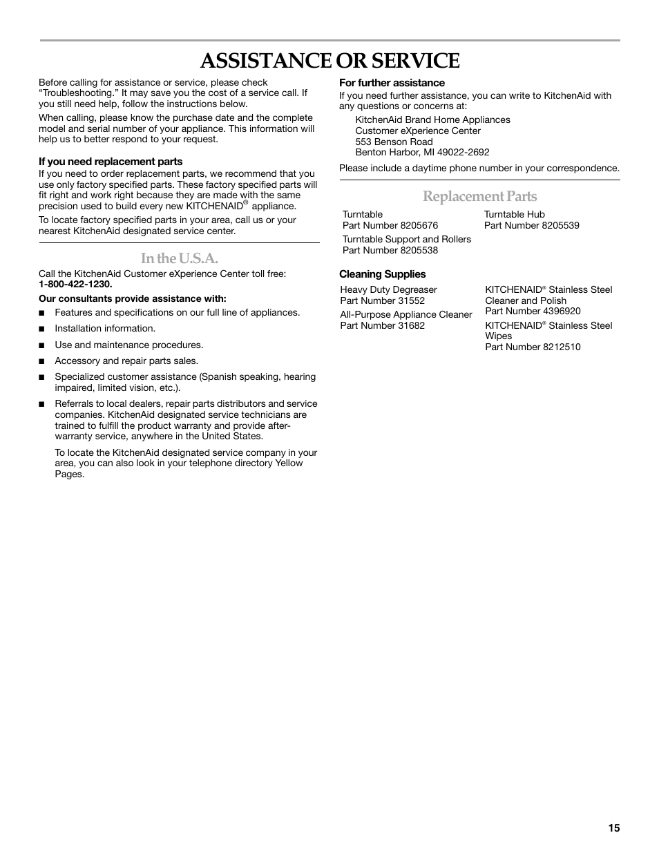 Assistance or service, Replacement parts | KITCHENAID KBMS1454SBL User Manual | Page 15 / 16