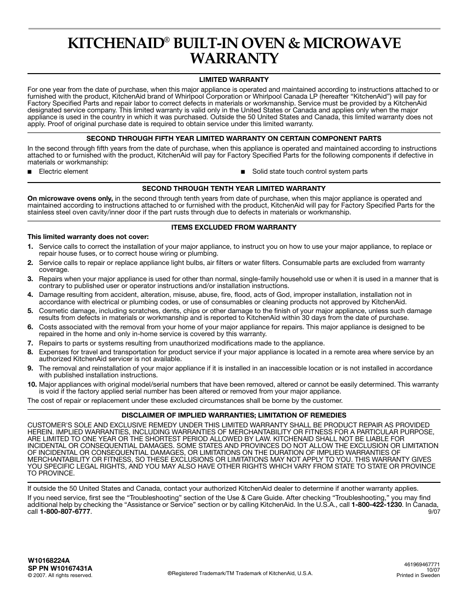 Kitchenaid, Built-in oven & microwave warranty | KITCHENAID KBMS1454SBL User Manual | Page 16 / 16