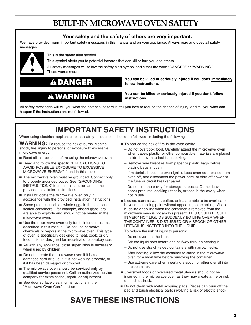 Built-in microwave oven safety, Danger warning, Warning | KITCHENAID KBMS1454SBL User Manual | Page 3 / 16