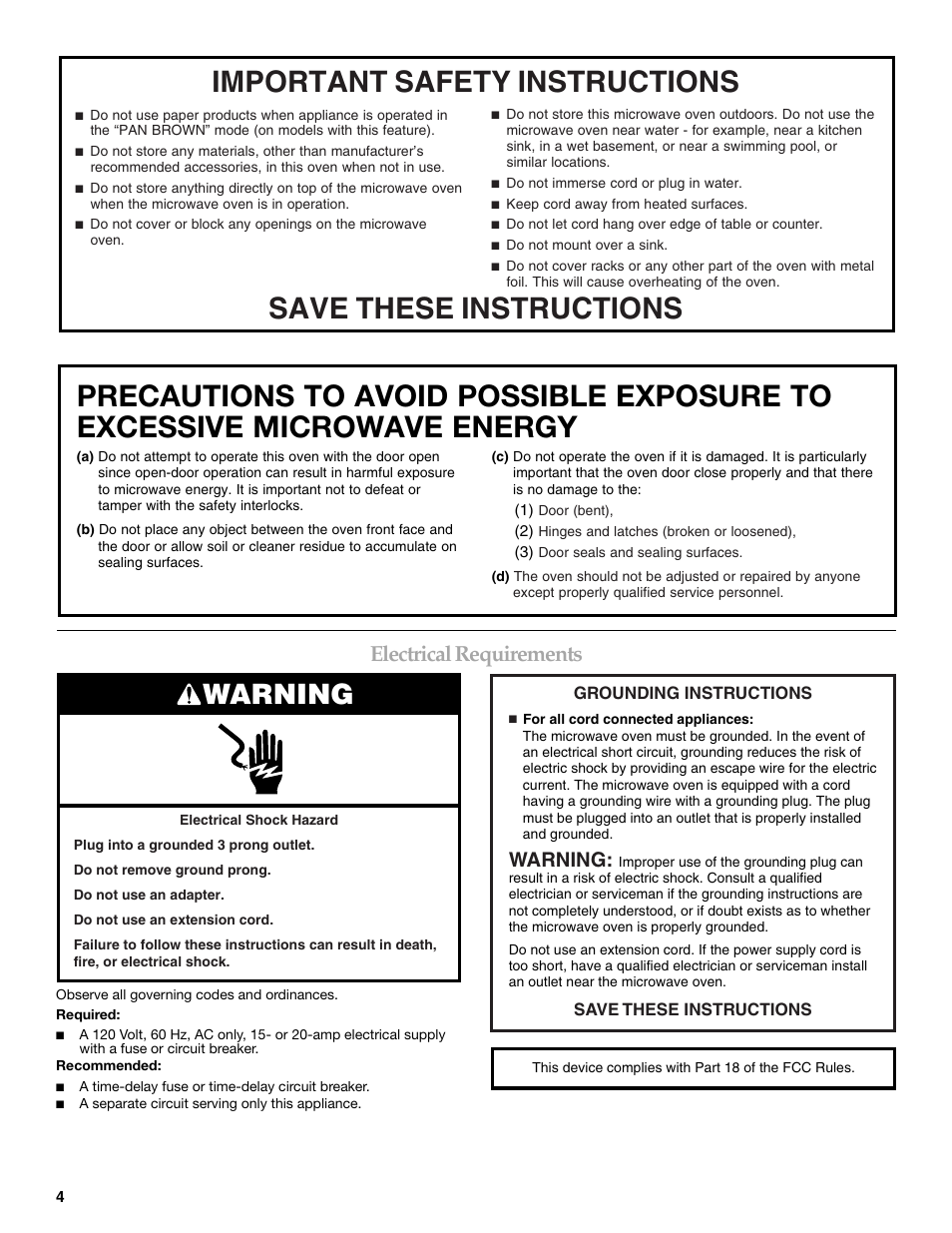 Warning, Electrical requirements | KITCHENAID KBMS1454SBL User Manual | Page 4 / 16