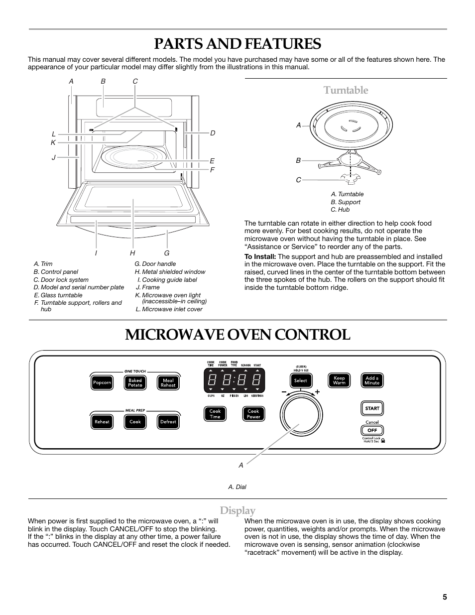 Parts and features, Microwave oven control, Turntable | Display | KITCHENAID KBMS1454SBL User Manual | Page 5 / 16