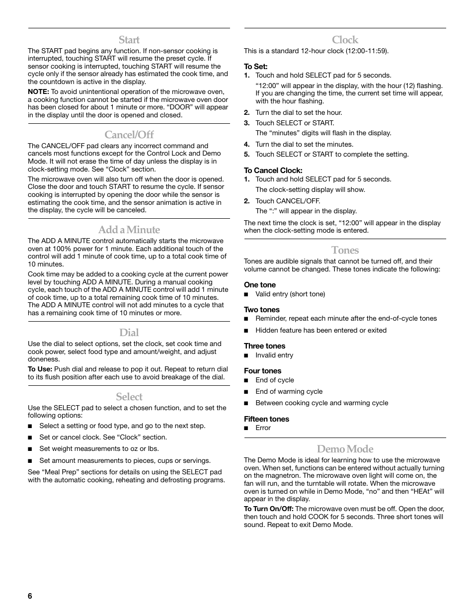 Start, Cancel/off, Add a minute | Dial, Select, Clock, Tones, Demo mode | KITCHENAID KBMS1454SBL User Manual | Page 6 / 16