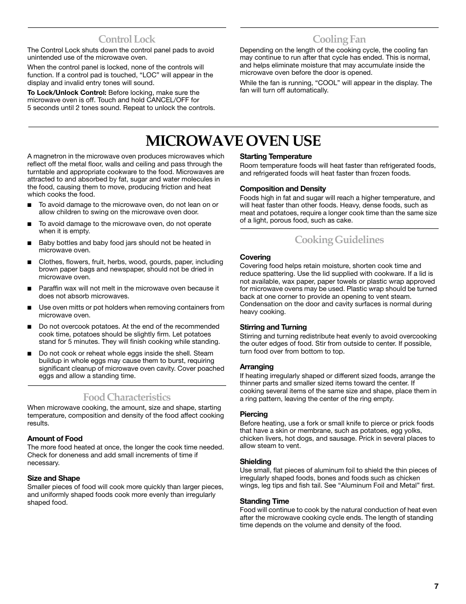 Microwave oven use, Control lock, Cooling fan | Food characteristics, Cooking guidelines | KITCHENAID KBMS1454SBL User Manual | Page 7 / 16