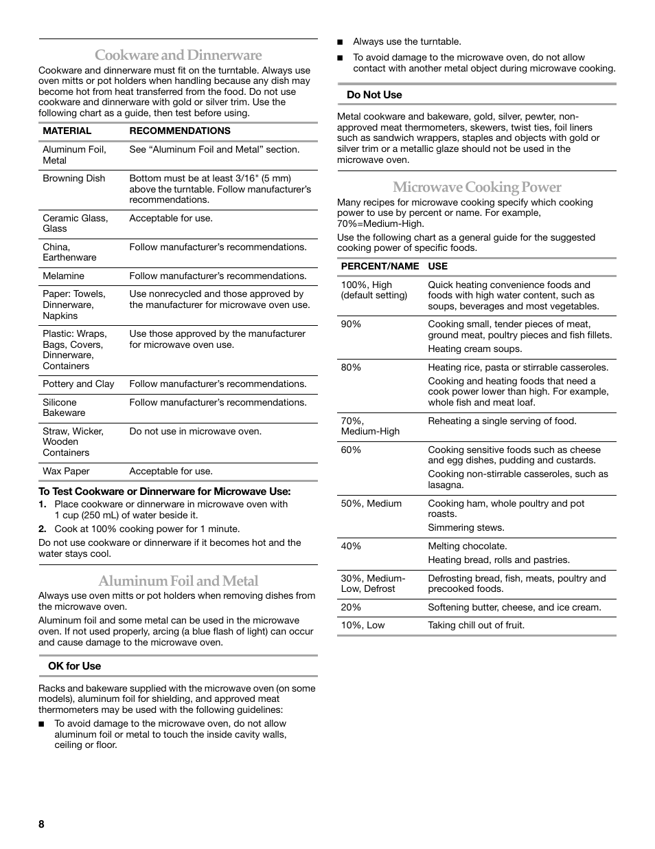 Cookware and dinnerware, Aluminum foil and metal, Microwave cooking power | KITCHENAID KBMS1454SBL User Manual | Page 8 / 16