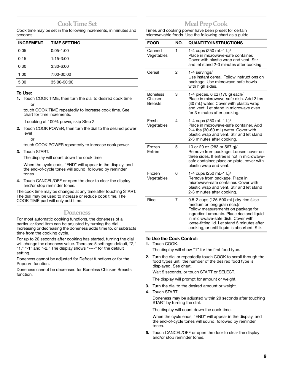 Cook time set, Doneness, Meal prep cook | KITCHENAID KBMS1454SBL User Manual | Page 9 / 16