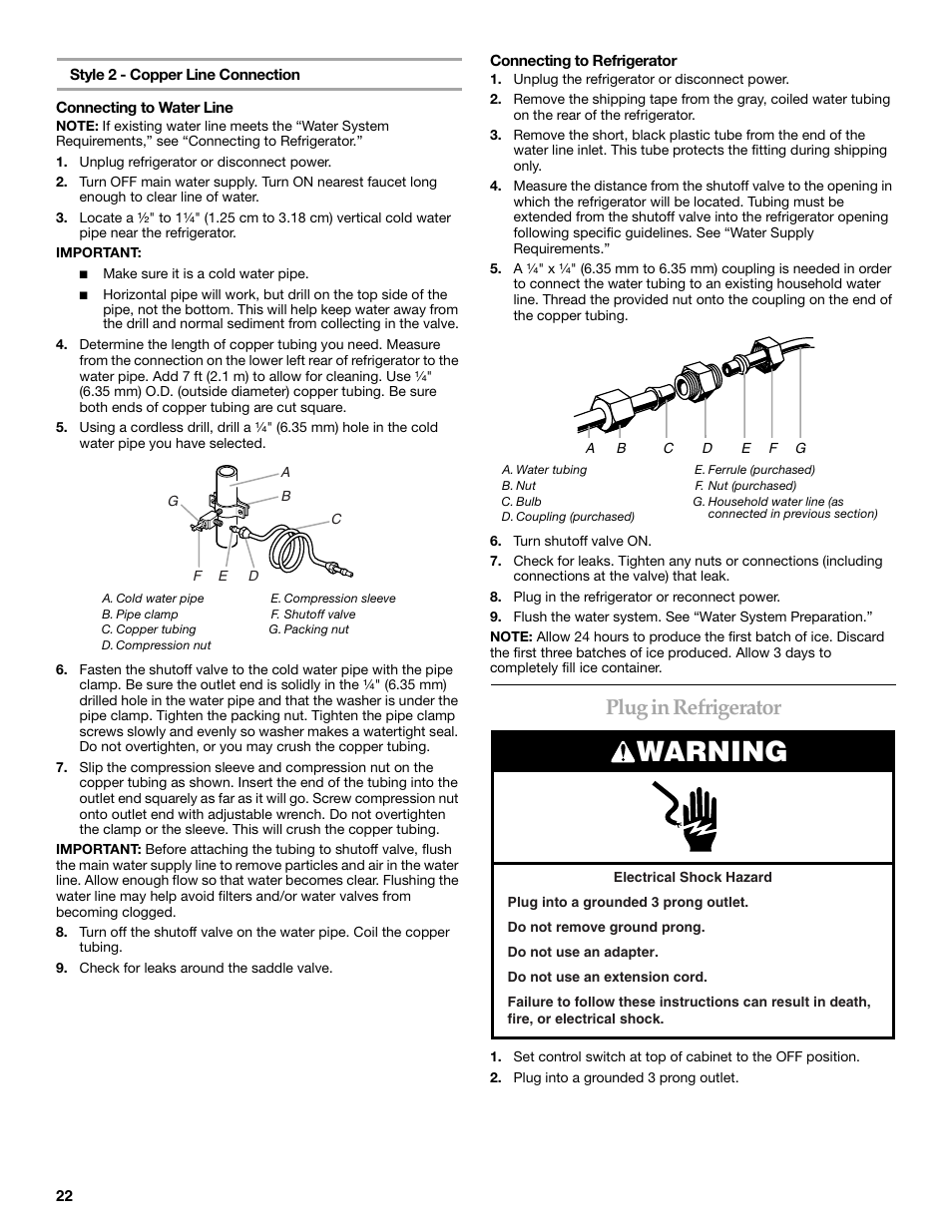 Warning, Plug in refrigerator | KITCHENAID 2320680B User Manual | Page 22 / 80