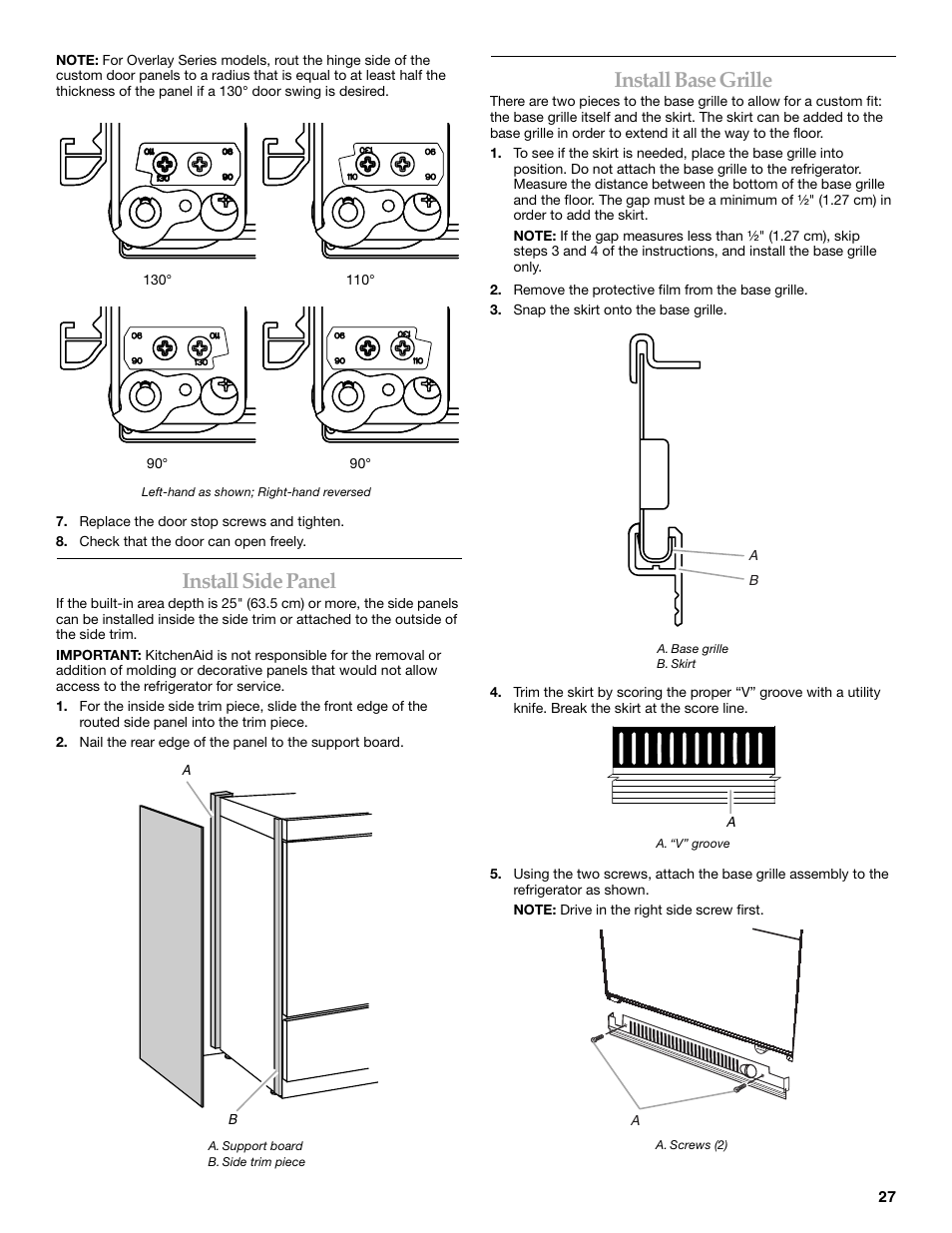 Install side panel, Install base grille | KITCHENAID 2320680B User Manual | Page 27 / 80