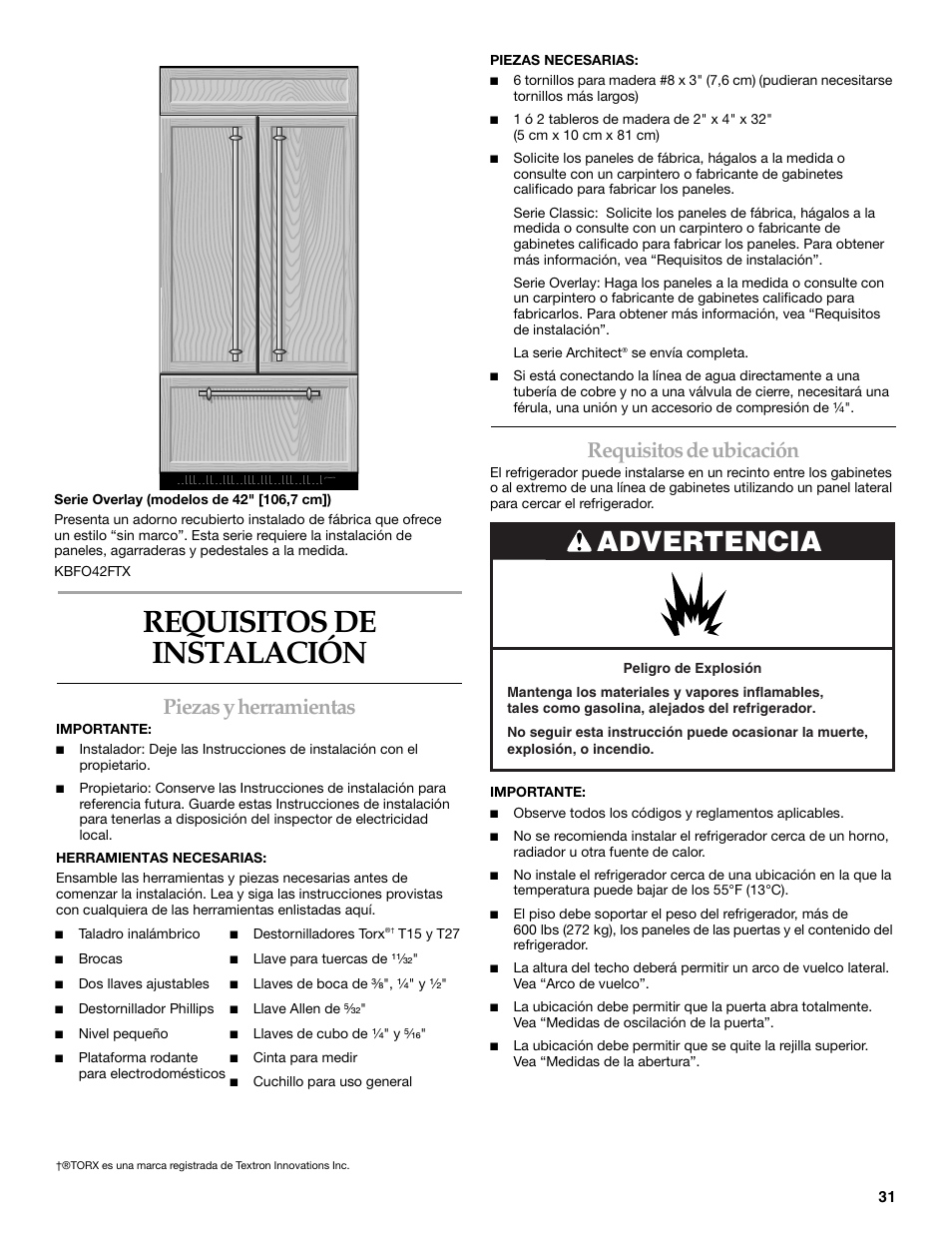 Requisitos de instalación, Advertencia, Piezas y herramientas | Requisitos de ubicación | KITCHENAID 2320680B User Manual | Page 31 / 80