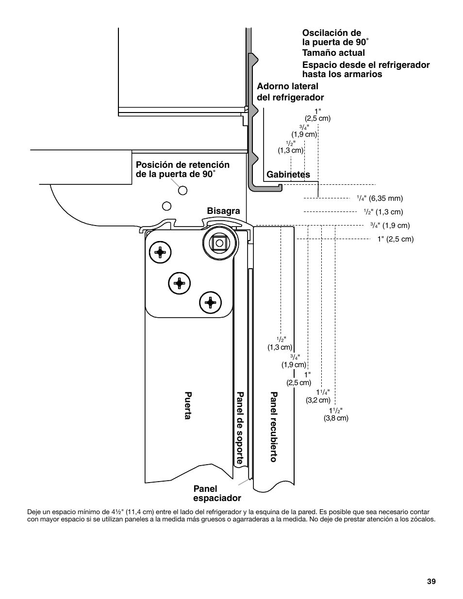 Panel espaciador gabinetes, Posición de retención de la puerta de 90 | KITCHENAID 2320680B User Manual | Page 39 / 80