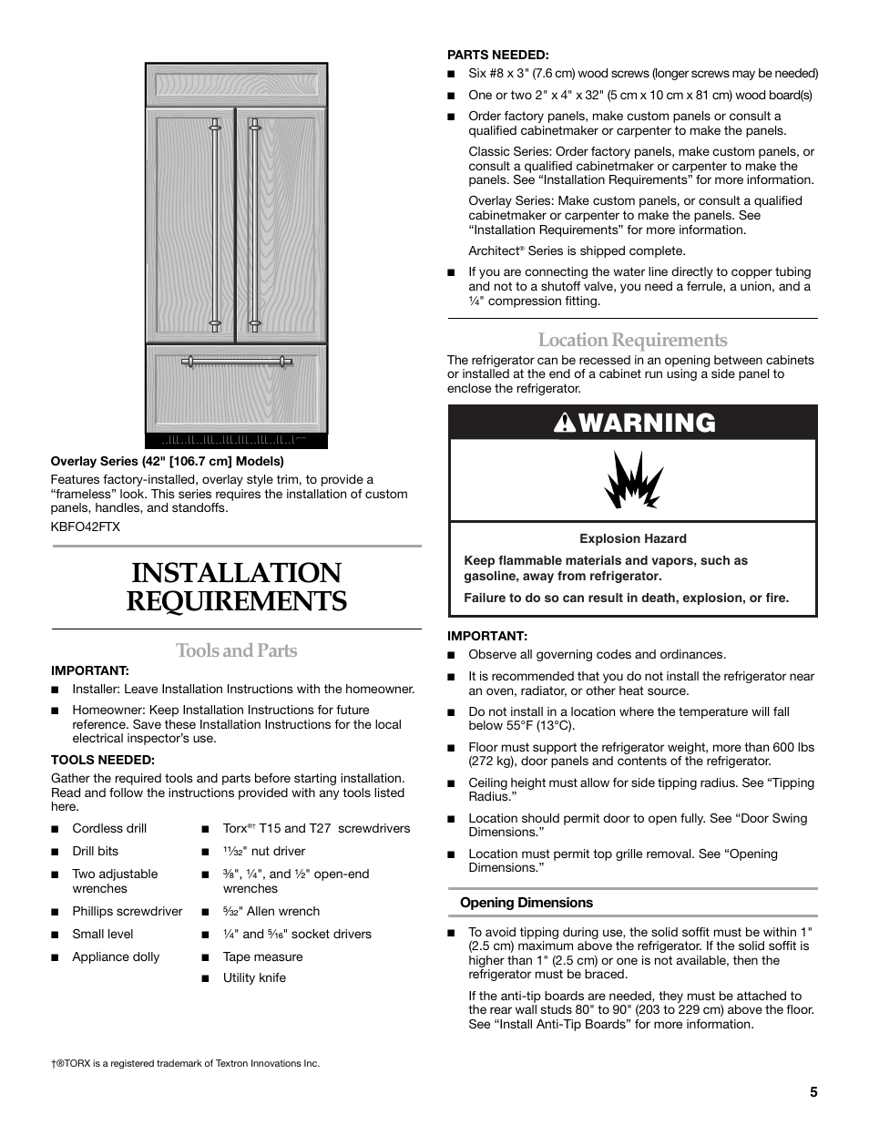 Installation requirements, Warning, Tools and parts | Location requirements | KITCHENAID 2320680B User Manual | Page 5 / 80