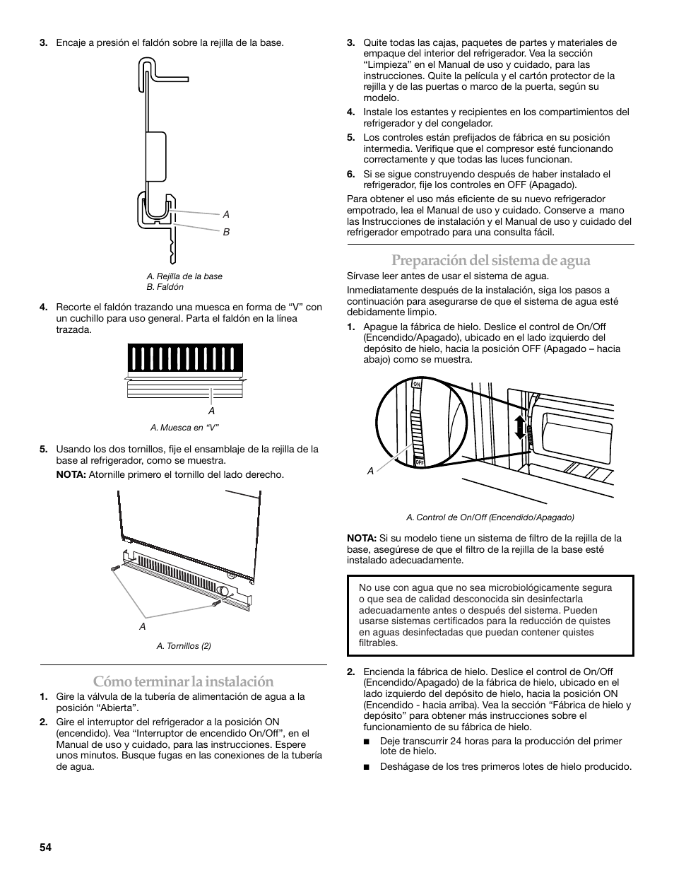 Cómo terminar la instalación, Preparación del sistema de agua | KITCHENAID 2320680B User Manual | Page 54 / 80