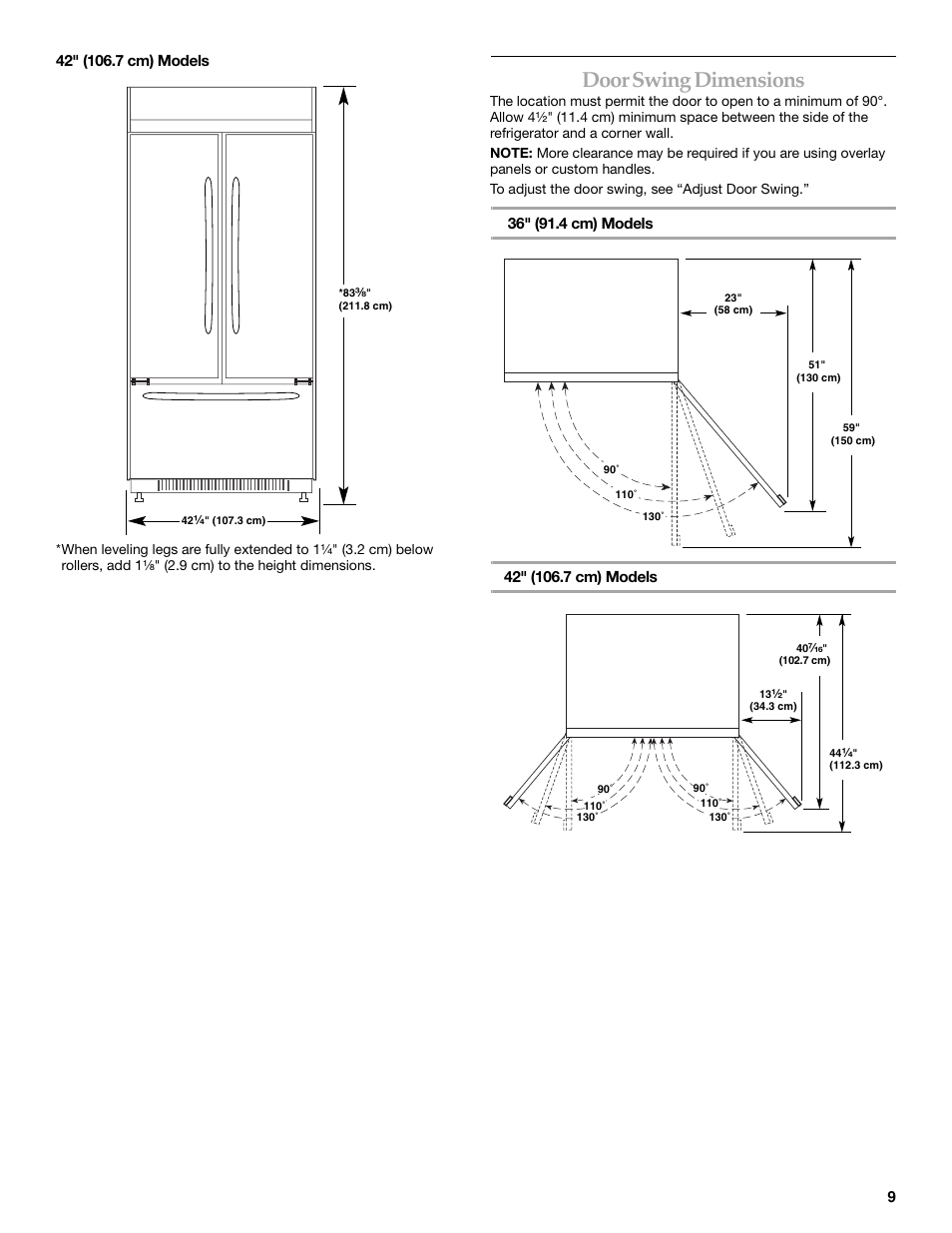 Door swing dimensions | KITCHENAID 2320680B User Manual | Page 9 / 80