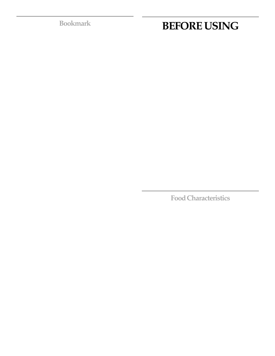 Before using, Bookmark, Food characteristics | KITCHENAID MICROWAVE HOOD User Manual | Page 10 / 20