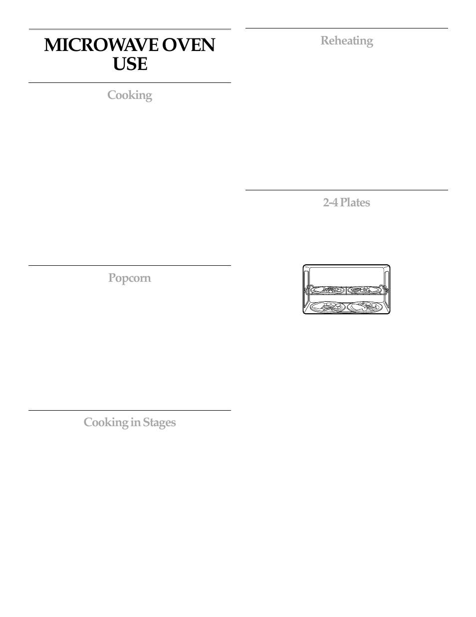 Microwave oven use, Cooking, Popcorn | Cooking in stages, Reheating, 4 plates | KITCHENAID MICROWAVE HOOD User Manual | Page 13 / 20