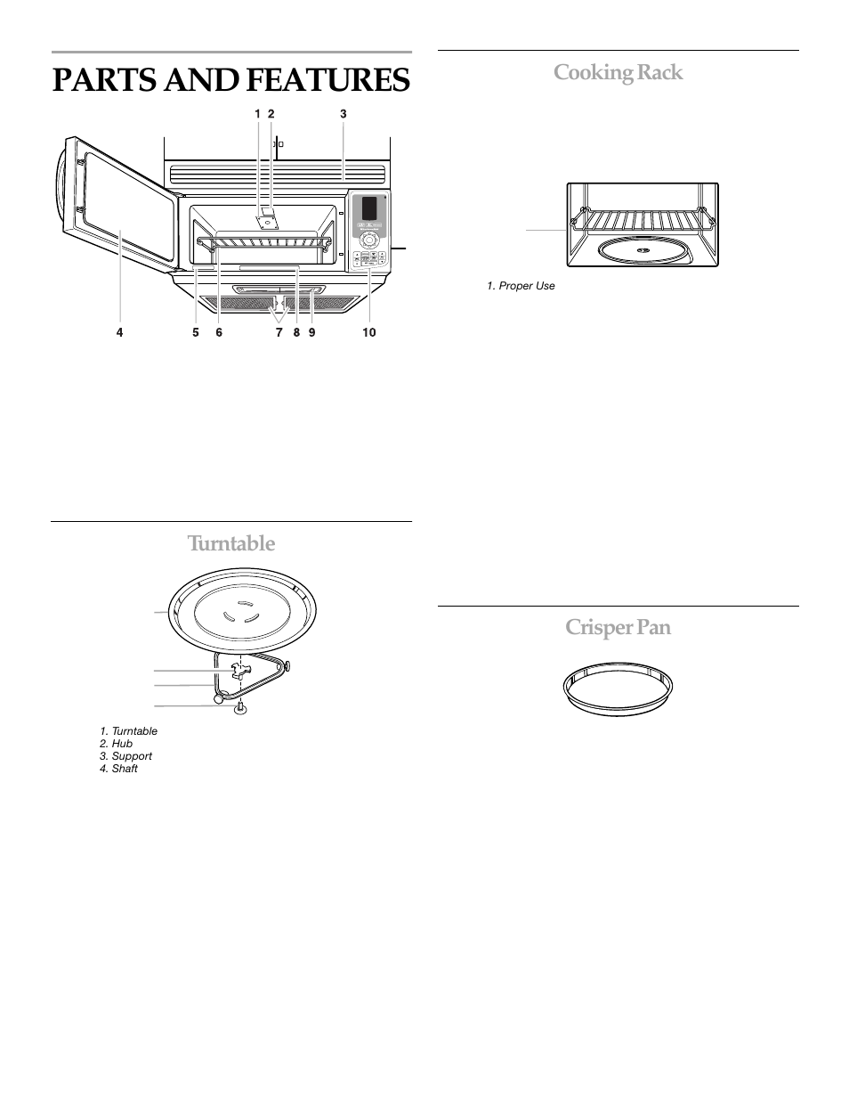 Parts and features, Turntable, Cooking rack | Crisper pan | KITCHENAID MICROWAVE HOOD User Manual | Page 6 / 20
