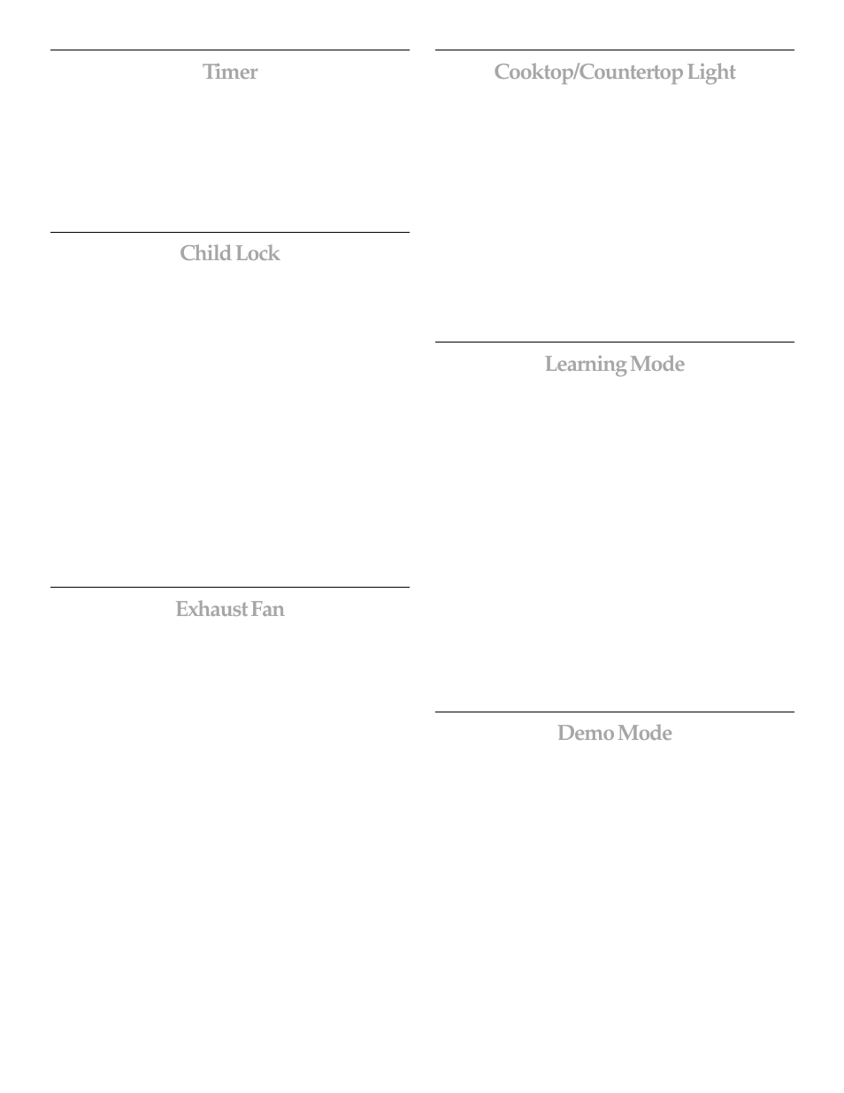 Timer, Child lock, Exhaust fan | Cooktop/countertop light, Learning mode, Demo mode | KITCHENAID MICROWAVE HOOD User Manual | Page 9 / 20